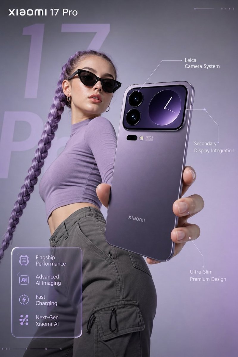 Xiaomi 17 Pro Fashion Tech Poster のQwen Imageプロンプト例: Generates a premium vertical smartphone launch advertisement with a fashion model, lavender styling, technical callouts, and...