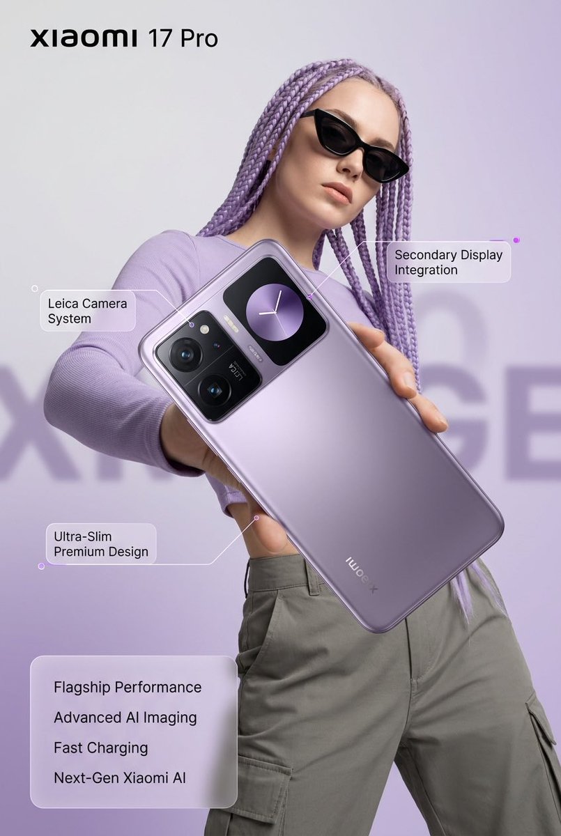 Xiaomi 17 Pro Lavender Ad GPT Image 2 prompt example: A vertical premium smartphone advertisement featuring a lavender Xiaomi 17 Pro with camera and secondary-display callouts...