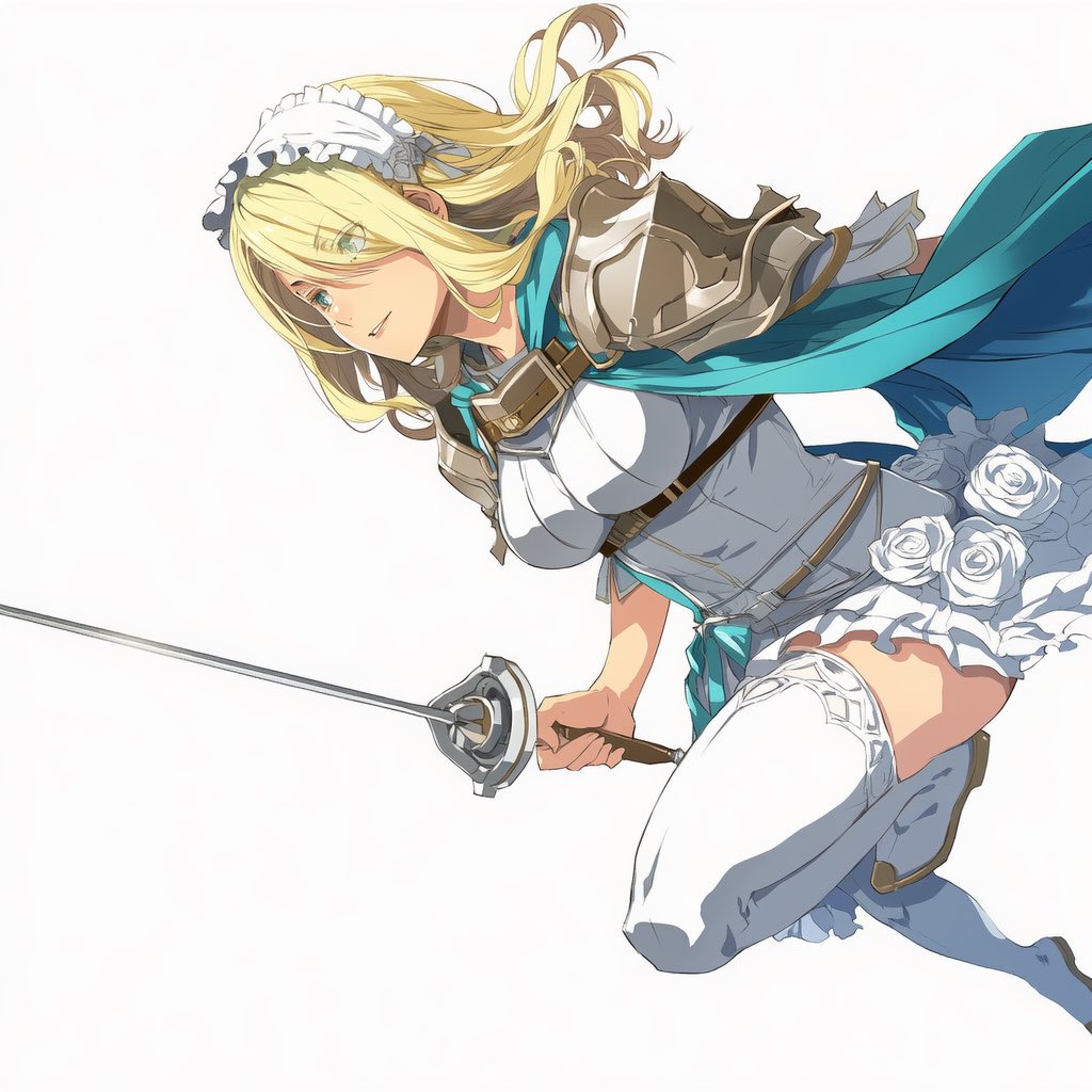 Flying Maid Knight Doodle 的 GPT Image 2 提示词示例图 变化图 2:Generates a rough anime-style digital doodle of a blonde maid knight flying forward with a rapier and flowing blue scarf.