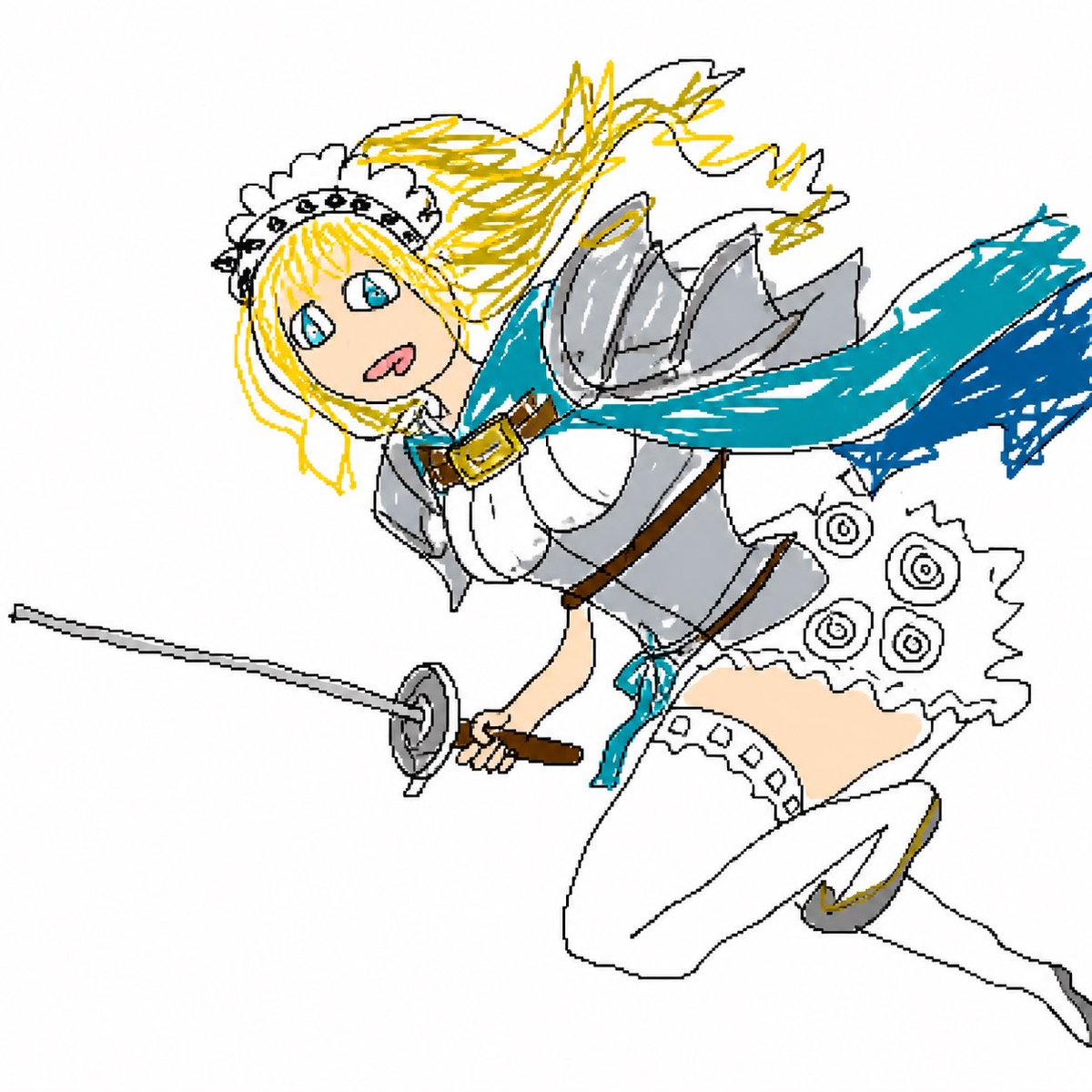 Flying Maid Knight Doodle 的 GPT Image 2 提示词示例图:Generates a rough anime-style digital doodle of a blonde maid knight flying forward with a rapier and flowing blue scarf.