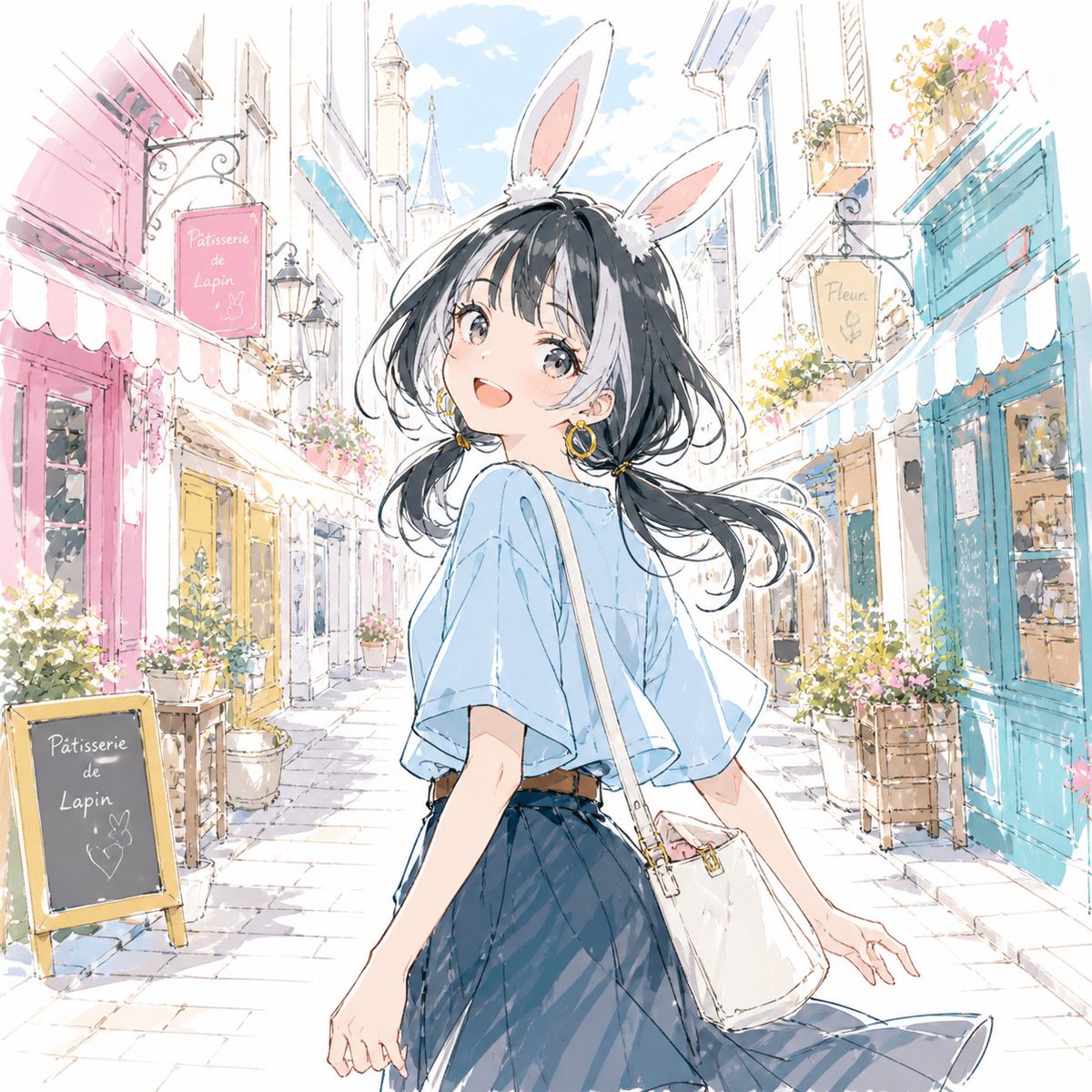 Pastel Bunny Girl Street Walk Qwen Image 프롬프트 예시: Generates a dreamy anime watercolor scene of a rabbit-eared girl strolling through a pastel European shopping street.