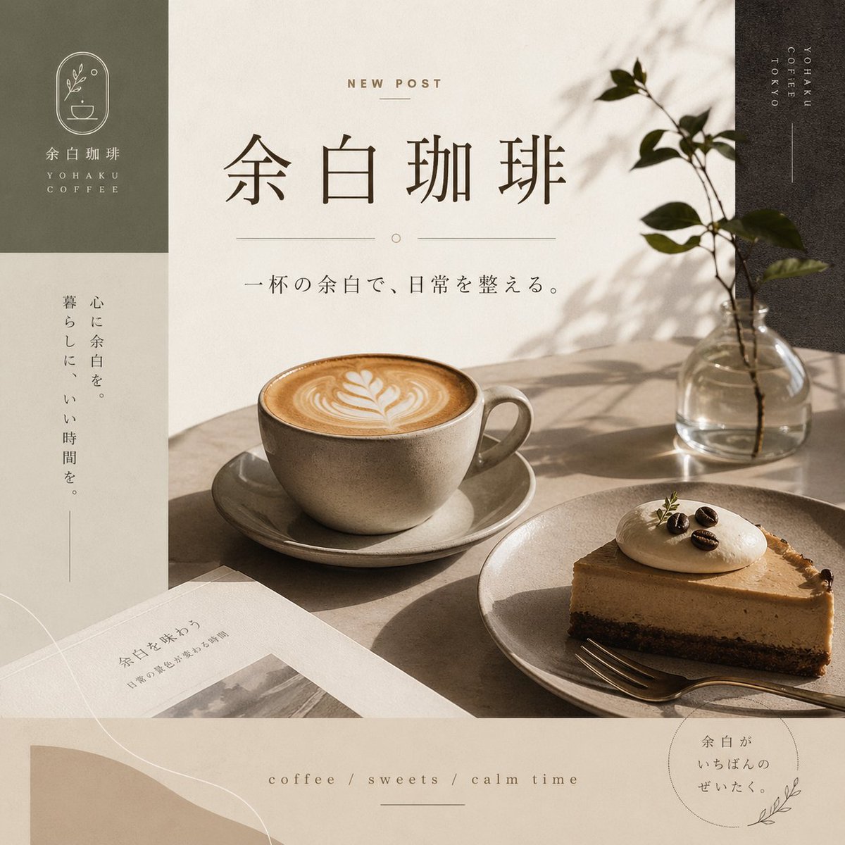 Yohaku Coffee Cafe Announcement Poster Qwen Image 프롬프트 예시: Creates a refined square Japanese cafe announcement visual with realistic coffee still life photography and elegant...
