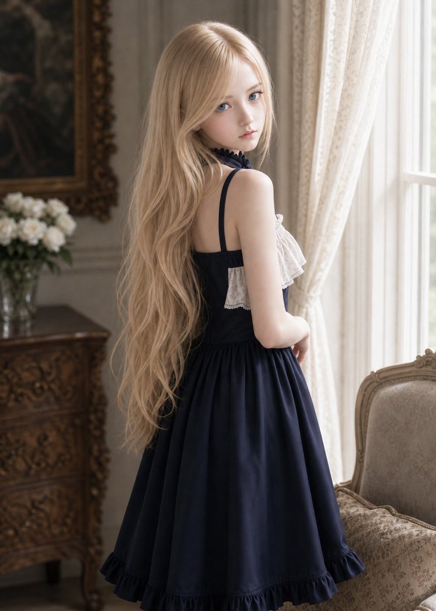 Vintage Lolita Portrait With Face Glitch のQwen Imageプロンプト例: Generates a realistic back-view portrait of a blonde woman in a navy Lolita dress inside an ornate vintage room,...