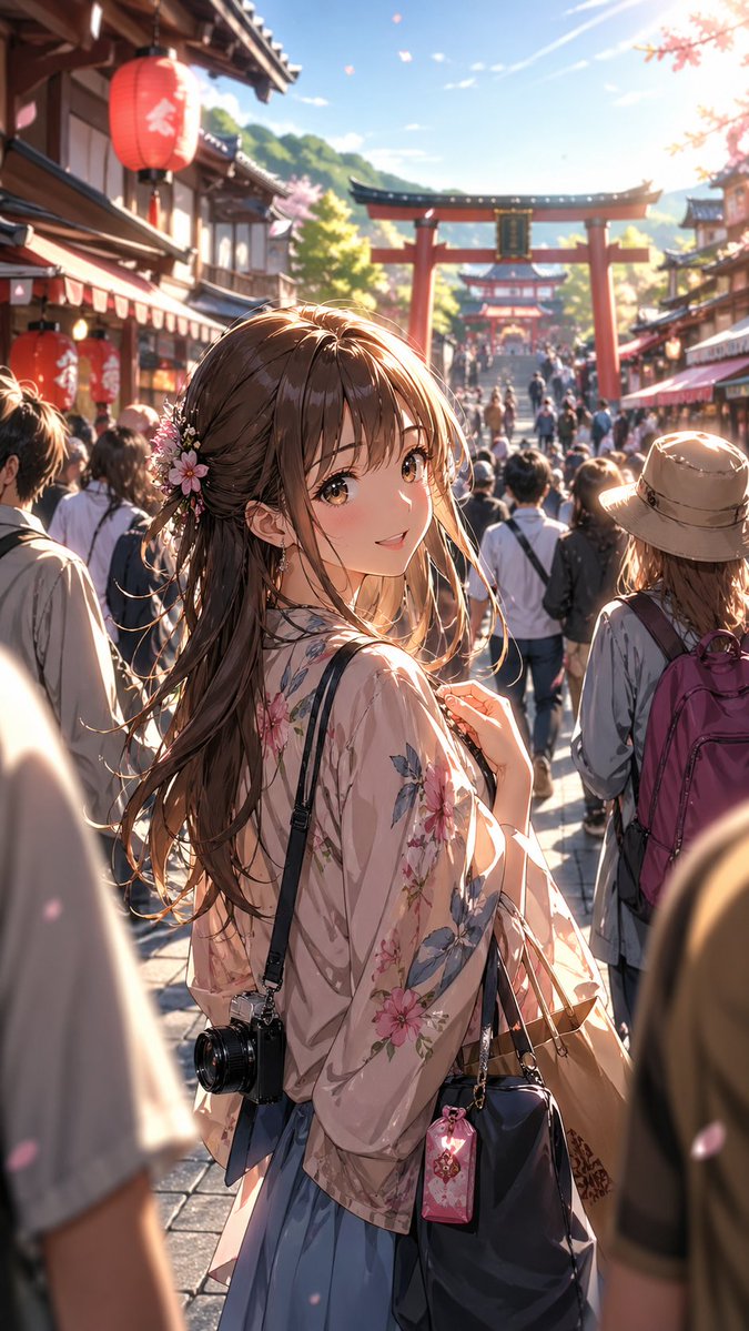 Anime Shrine Street Portrait Qwen Image 프롬프트 예시: Generates a vertical anime travel illustration of a kimono-clad young woman in a crowded Japanese shrine street with cherry...
