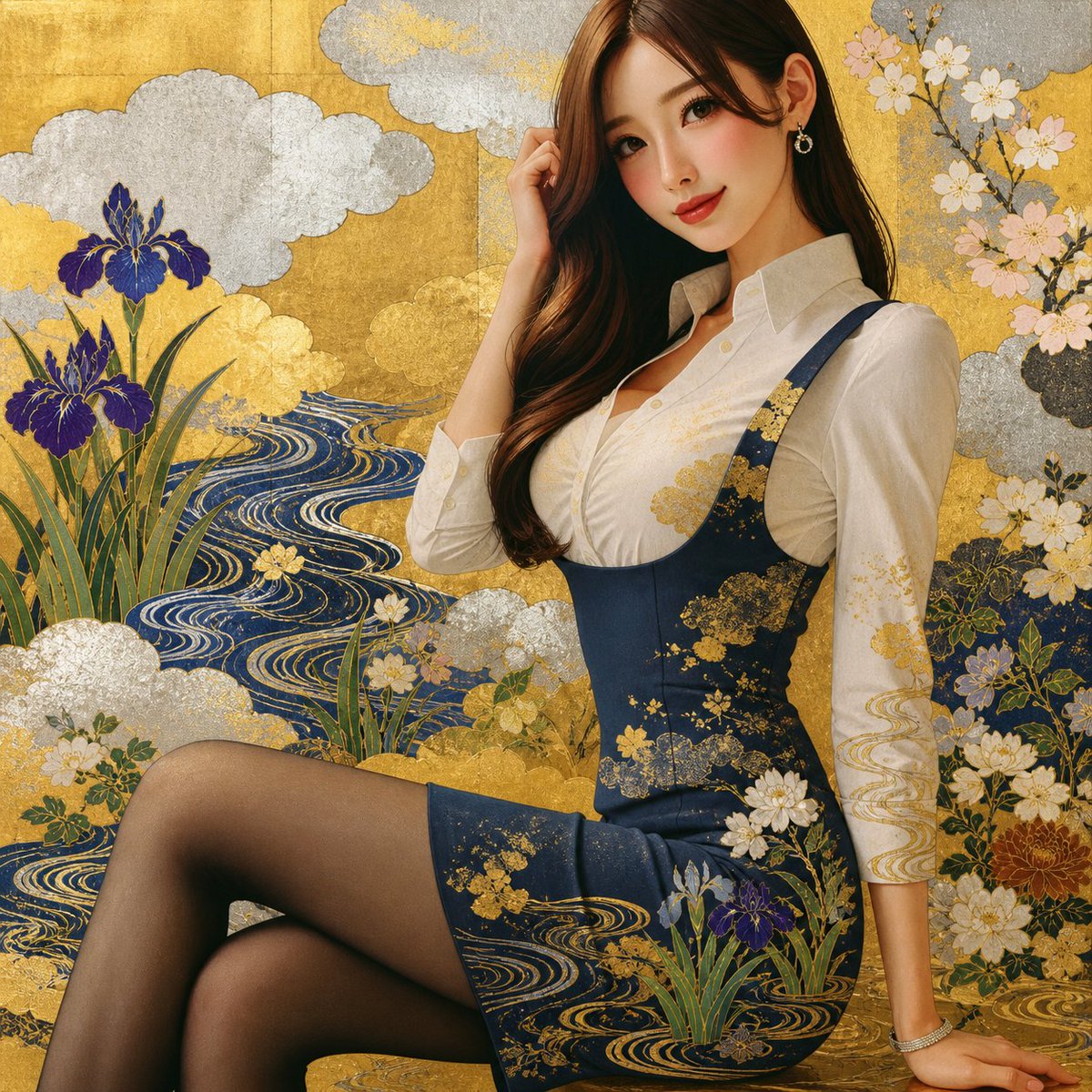 Rinpa Gold Screen Portrait のQwen Imageプロンプト例: Transforms a reference portrait into a lavish Japanese Rinpa-inspired gold-leaf screen illustration with decorative flowers and waves.
