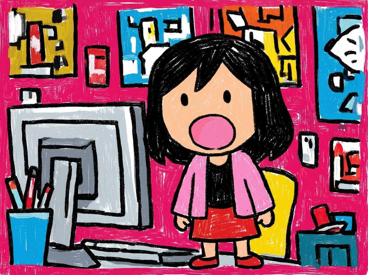 Crayon Cartoon Artist Studio GPT Image 2 prompt example: Generates a bright childlike crayon illustration of a surprised woman in a colorful creative studio for playful manga or...