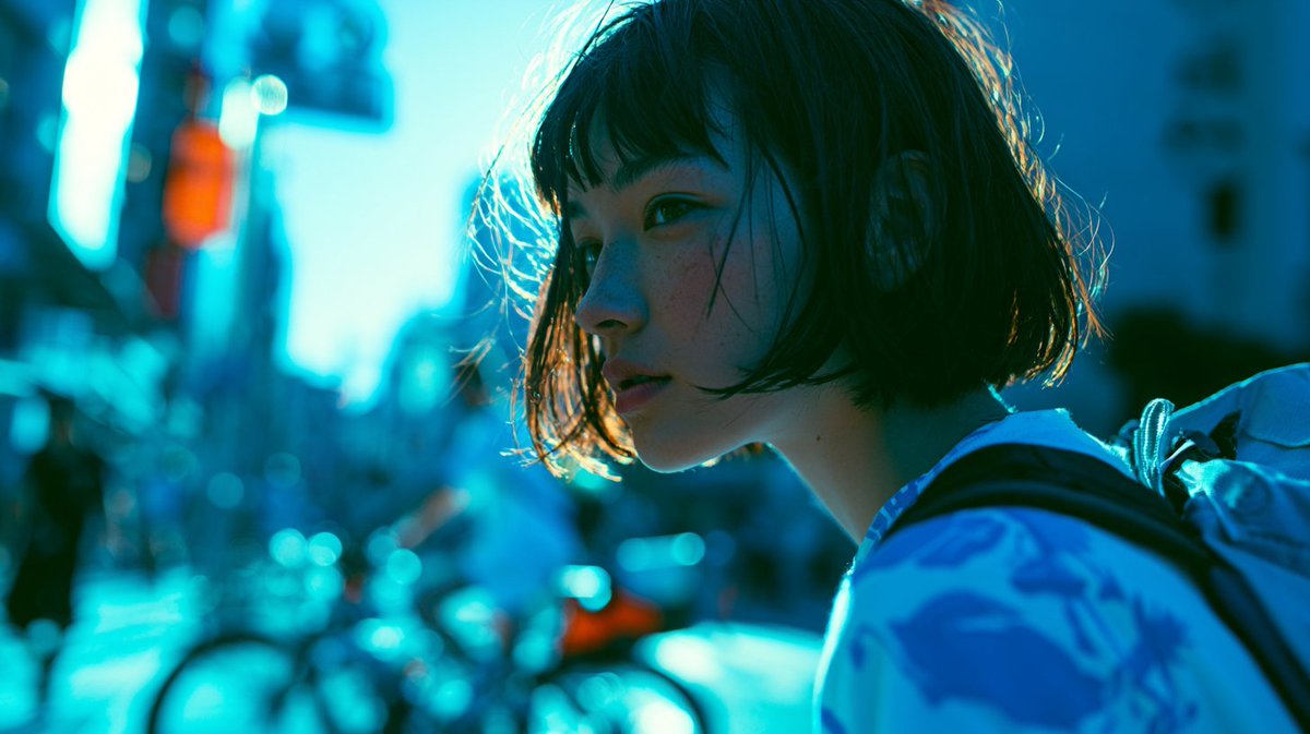 Cinematic Urban Street Portrait 的 GPT Image 2 提示词示例图 变化图 2：Generates a stylish candid city street portrait with shallow depth of field, motion blur, and dramatic teal-orange film...