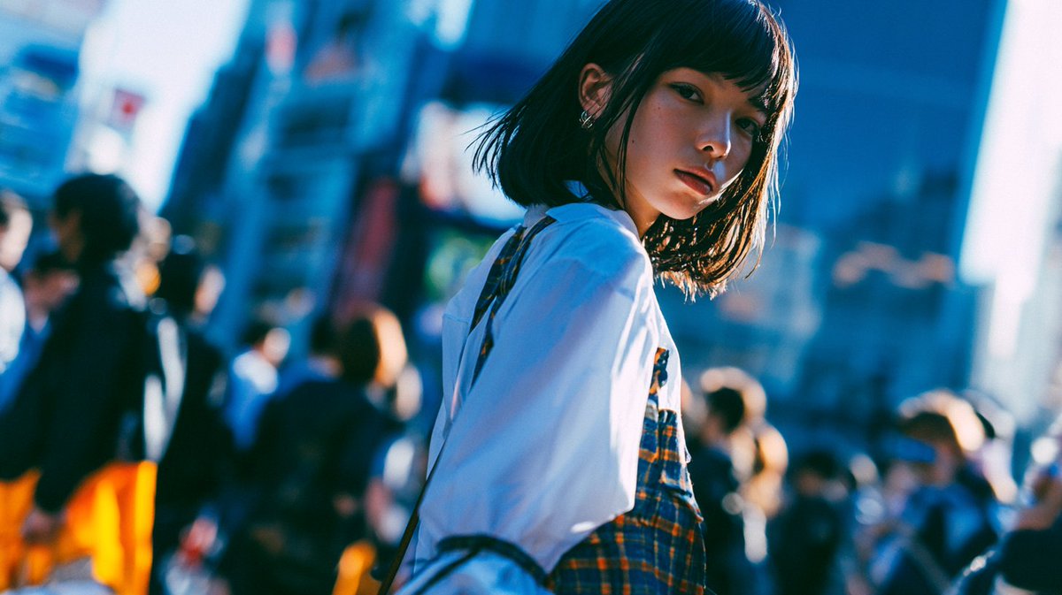 Cinematic Urban Street Portrait 的 GPT Image 2 提示词示例图：Generates a stylish candid city street portrait with shallow depth of field, motion blur, and dramatic teal-orange film...