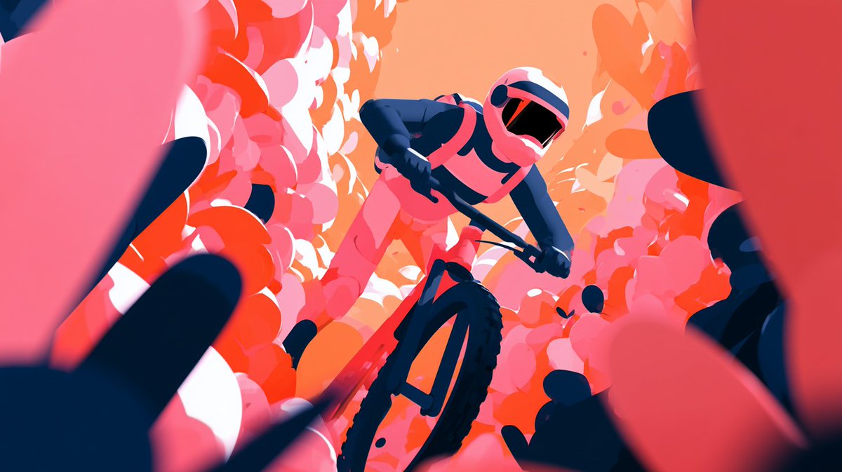 Cinematic Floral Mountain Biker のQwen Imageプロンプト例: Generates a bold low-angle action illustration of a futuristic cyclist speeding through a vibrant abstract floral tunnel.