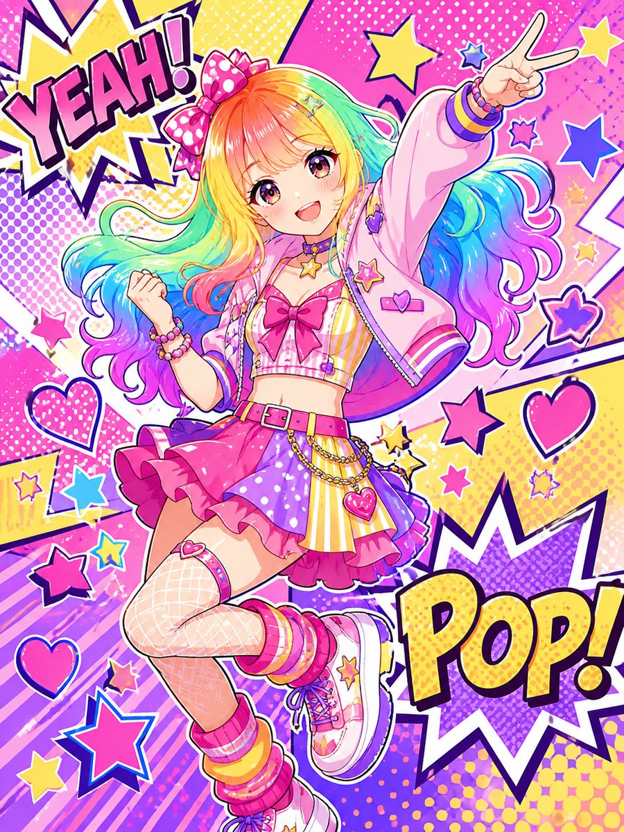 Rainbow Pop Idol Manga Transformation Qwen Image prompt example: Transforms a reference photo into a colorful full-body shoujo pop-idol illustration with comic captions and...