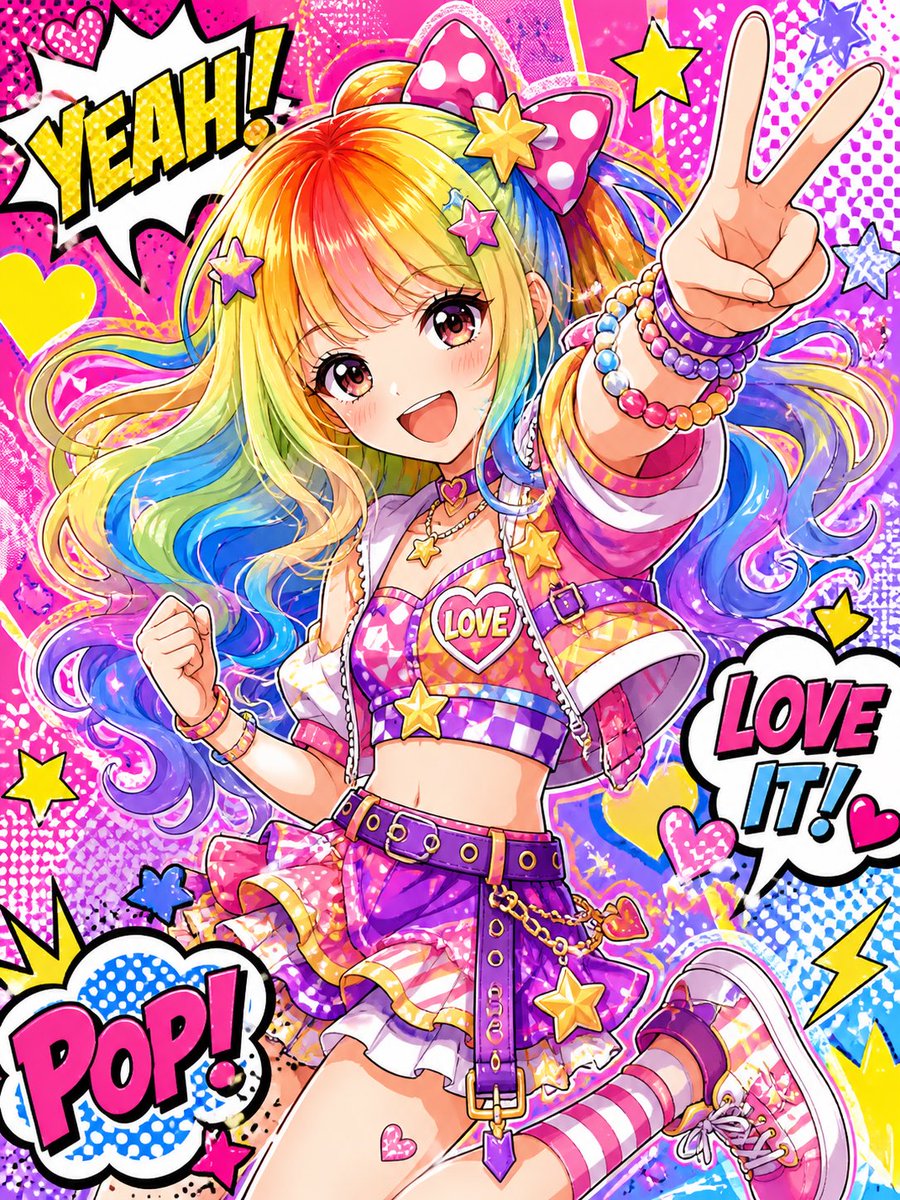 Rainbow Hair Shoujo Idol Transformation Qwen Image prompt example: Transforms a reference photo into a colorful tall-proportioned shoujo idol illustration with comic-pop effects...