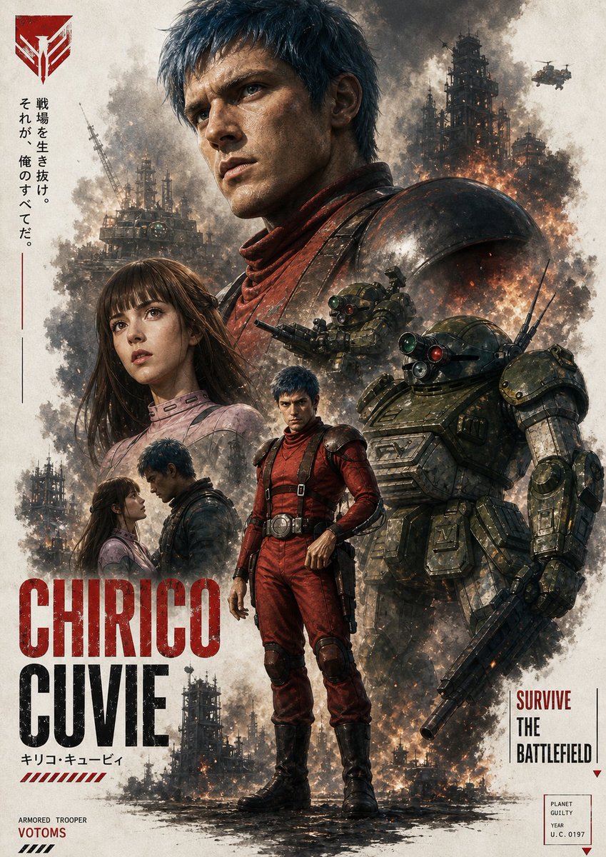 Gritty VOTOMS-Style War Poster のQwen Imageプロンプト例: Creates a distressed retro mecha battlefield movie poster with a red-suited pilot, armored robot, burning industrial ruins, and...