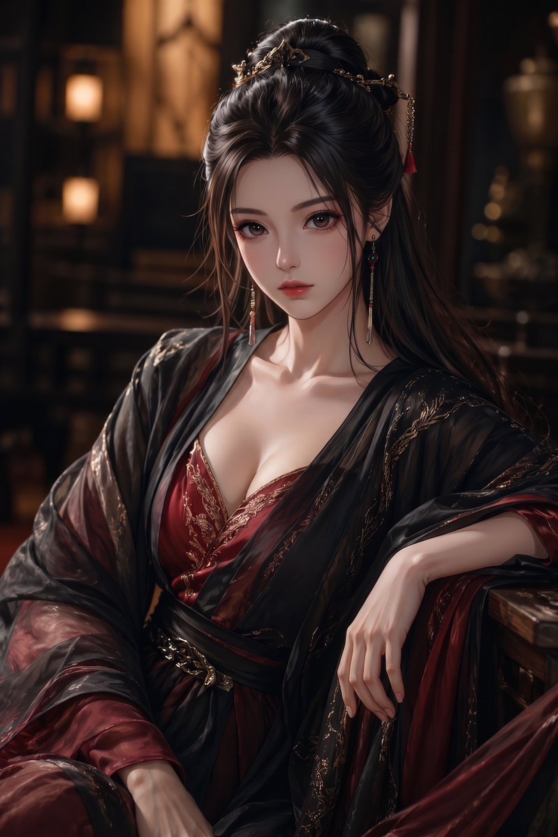 Elegant Wuxia Noblewoman Portrait のQwen Imageプロンプト例: Generates a cinematic semi-realistic fantasy portrait of a richly dressed ancient Chinese-inspired noblewoman with an...
