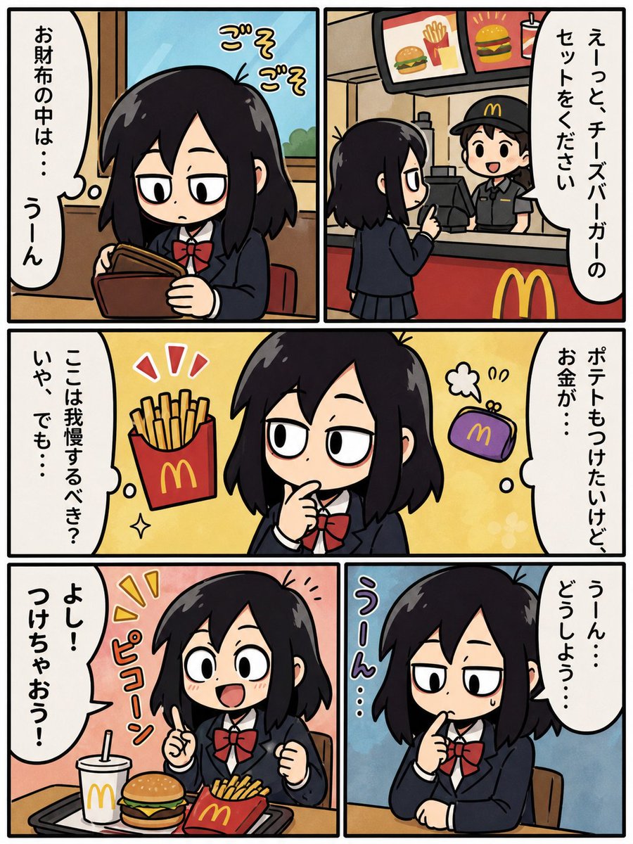 Fast Food Schoolgirl Manga Page 的 GPT Image 2 提示词示例图：Generates a five-panel vertical anime manga page about a schoolgirl debating whether to add fries to her fast-food order.