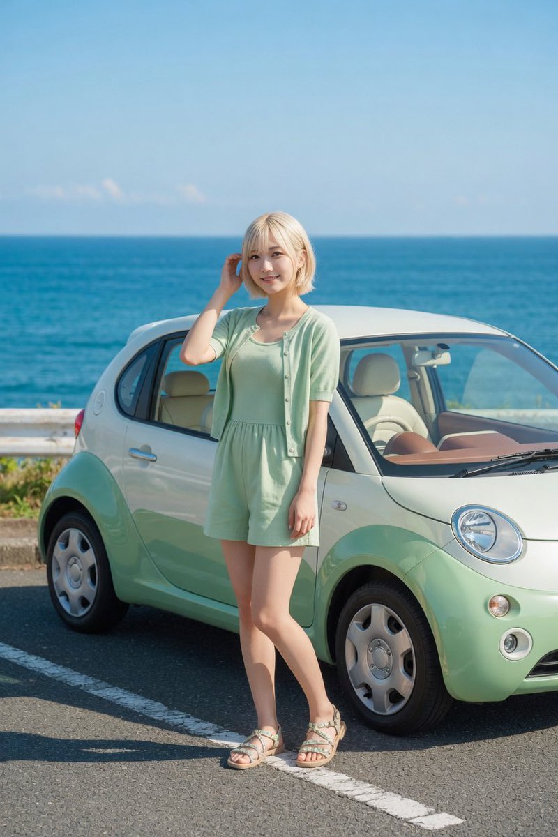 Mint Compact Car by the Sea のQwen Imageプロンプト例: A photorealistic coastal lifestyle image featuring a woman posing beside a pastel mint compact car, useful for cute car concept and...