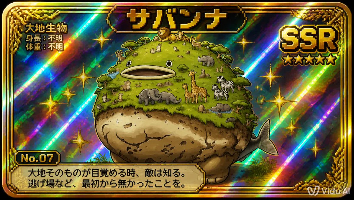 SSR Savanna Creature Card GPT Image 2 prompt example: Generates a holographic Japanese SSR trading card featuring a whale-shaped living savanna creature covered with miniature...