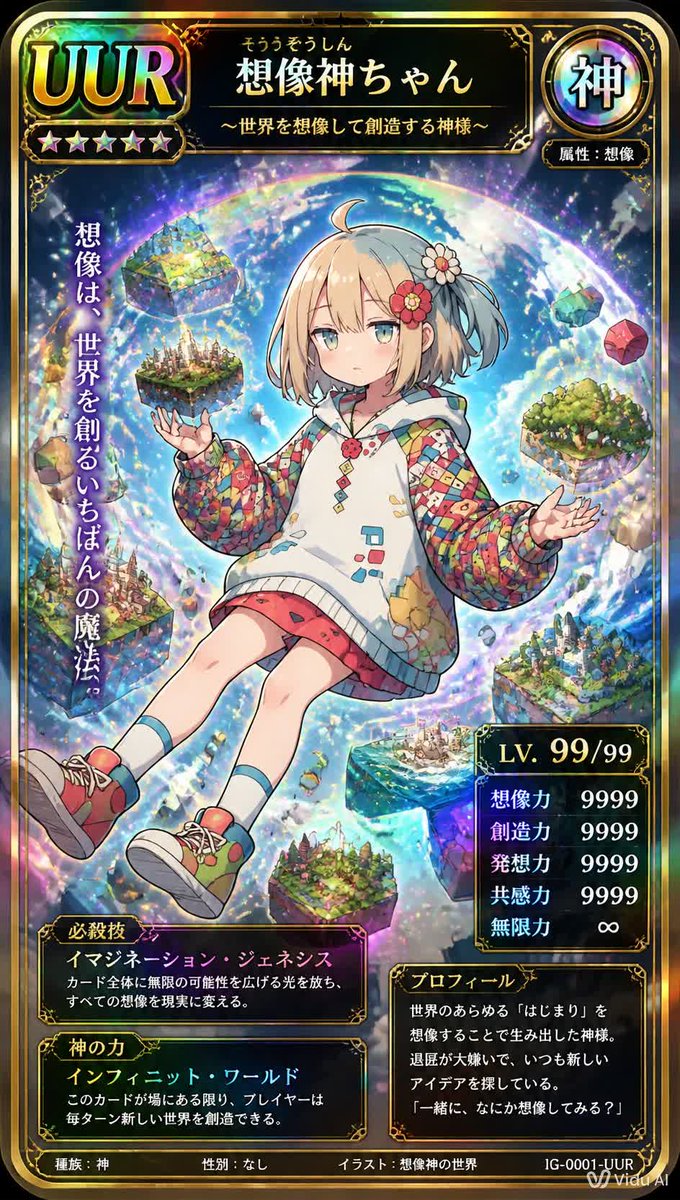 Ultra Rare Imagination God TCG Card GPT Image 2 prompt example: Generates a holographic Japanese-style ultra rare trading card featuring a cute anime deity who creates floating...
