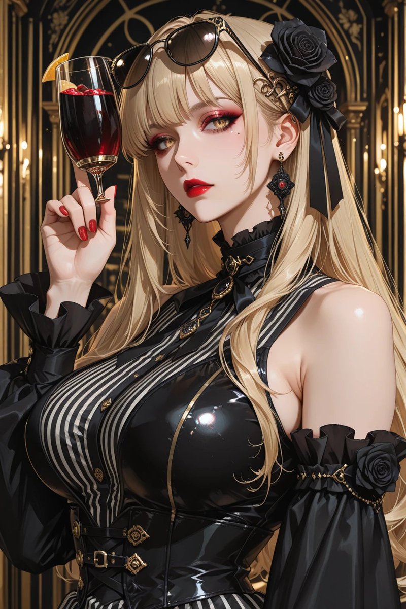 Gothic Blonde Wine Portrait のQwen Imageプロンプト例: Generates a glamorous vertical anime portrait of a gothic blonde woman holding red wine in a luxurious black-and-gold setting.