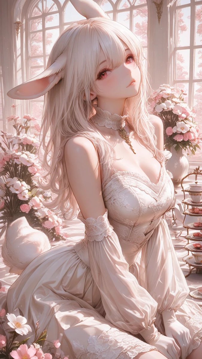 Pastel Bunny Girl Conservatory Portrait Qwen Image prompt example: Generates a romantic vertical anime portrait of a lace-dressed bunny girl in a flower-filled sunlit...