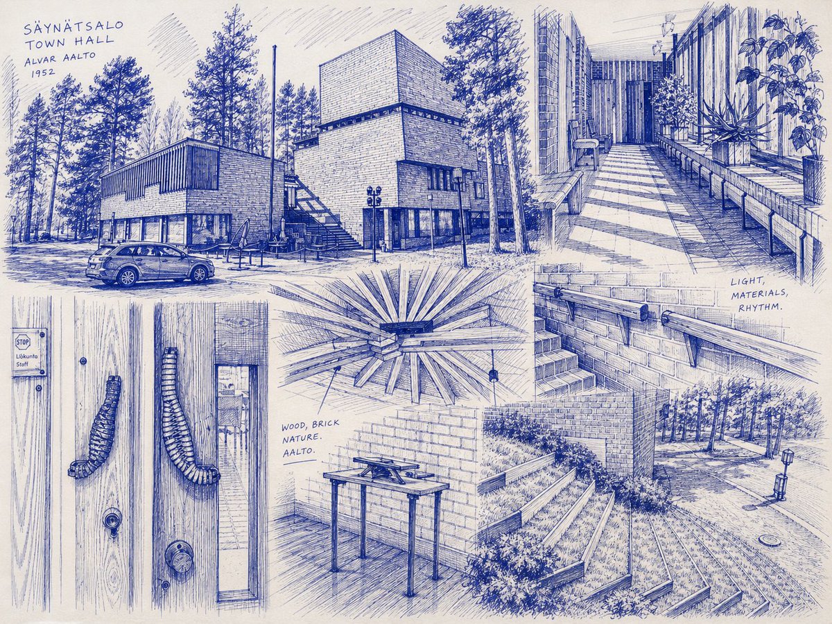 Säynätsalo Town Hall Sketchbook GPT Image 2 prompt example: Generates a blue-ink architectural sketchbook collage studying Alvar Aalto’s Säynätsalo Town Hall through eight...