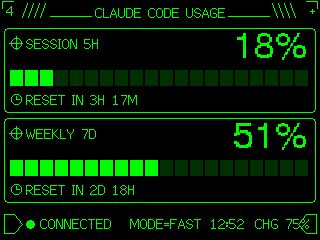 Retro Claude Code Usage Gauge のQwen Imageプロンプト例: Transforms a simple usage meter reference into a neon-green pixel terminal dashboard suitable for an M5Stack-style device UI.