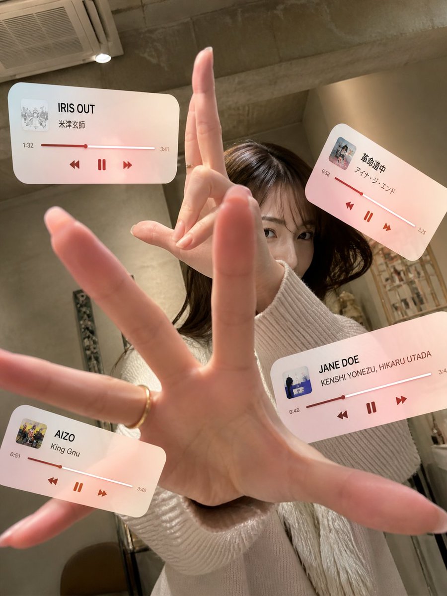 Cafe AR Music Player Portrait GPT Image 2 prompt example variation 3: Generates a vertical photorealistic cafe portrait with four floating glassmorphism music player cards around...