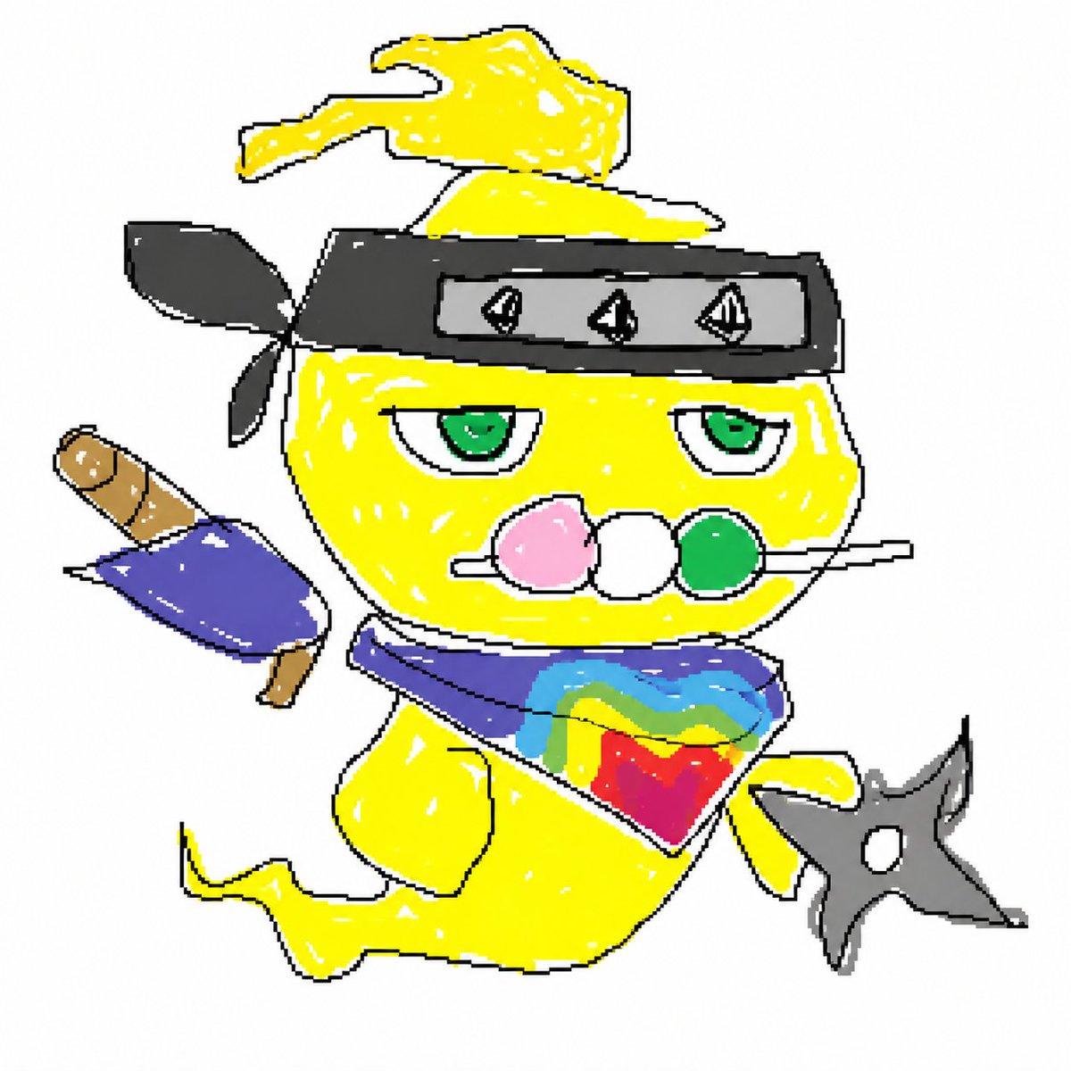 Bad Doodle Gold Ninja Ghost Qwen Image 프롬프트 예시: Generates a messy childlike doodle of a golden ghost ninja mascot with dango, headband, scarf, sword, and shuriken for humorous...