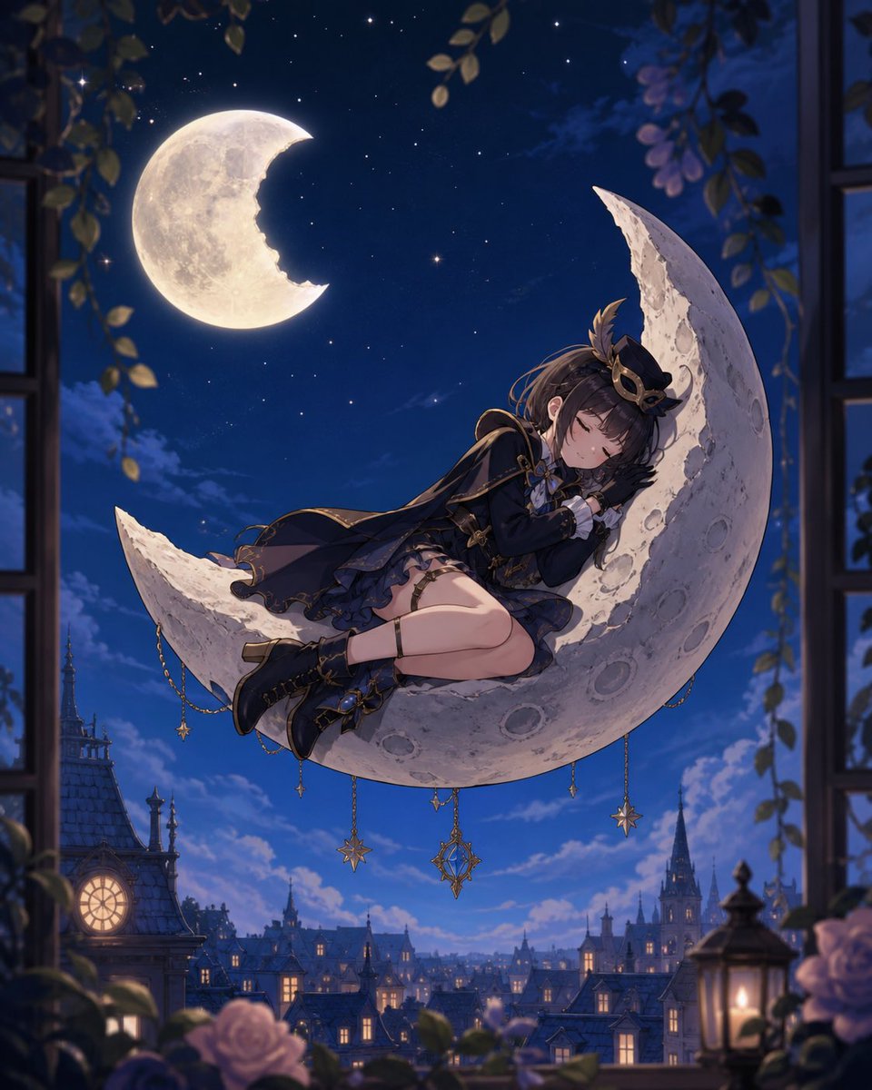 Anime Girl Sleeping on Stolen Moon Qwen Image prompt example: Generates a dreamy fantasy anime scene of a girl sleeping on a crescent moon above a moonlit gothic town, ideal for...