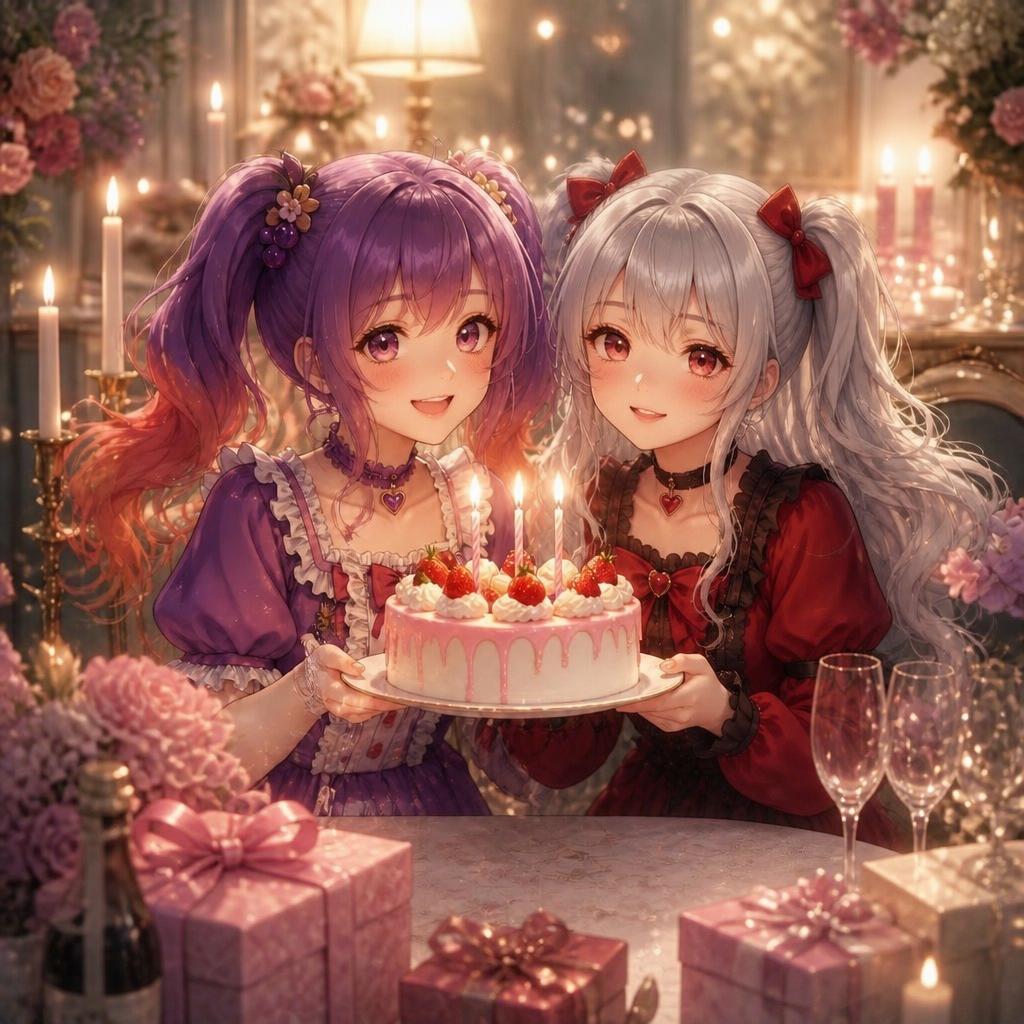 Candlelit Anime Birthday Twins GPT Image 2 prompt example variation 2: Generates a romantic anime birthday scene with two gothic-lolita twin-tail girls holding a strawberry cake...