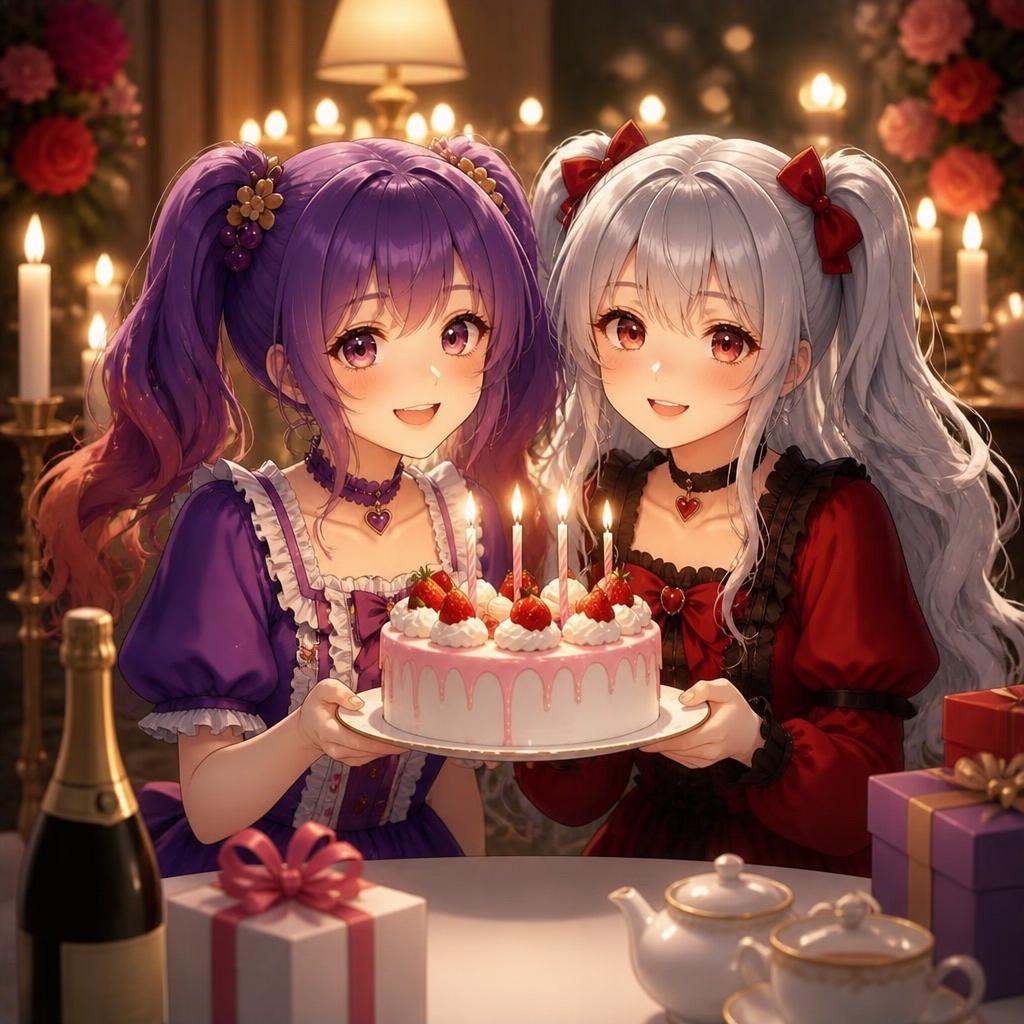 Candlelit Anime Birthday Twins GPT Image 2 prompt example: Generates a romantic anime birthday scene with two gothic-lolita twin-tail girls holding a strawberry cake in warm...