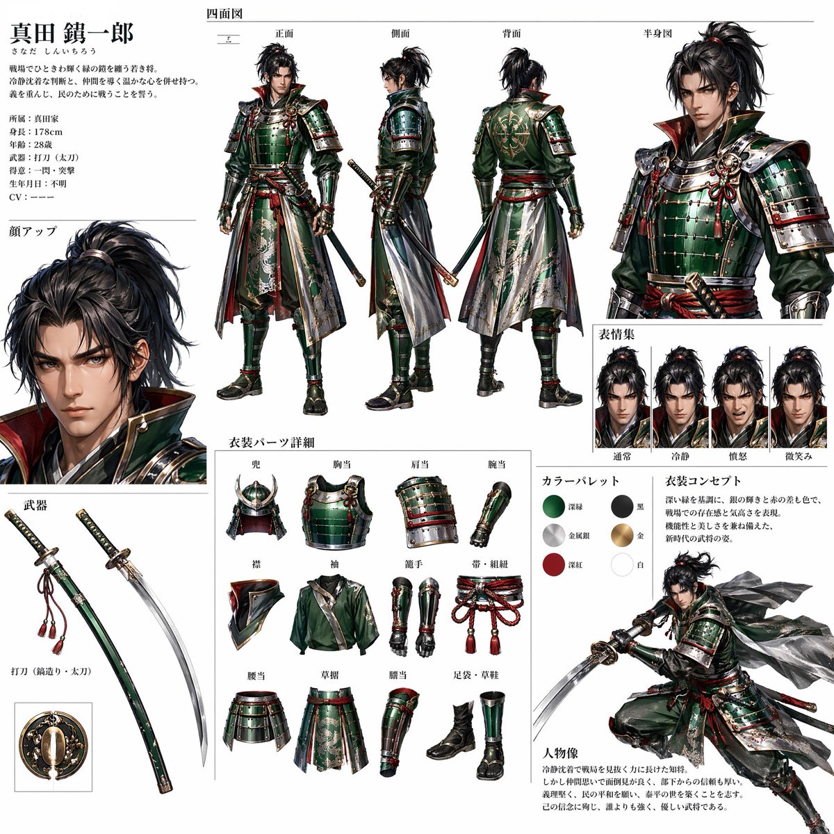 Ginger Ale Samurai Character Sheet Qwen Image 프롬프트 예시: Generates a Japanese RPG-style samurai character design sheet inspired by a beverage can reference.