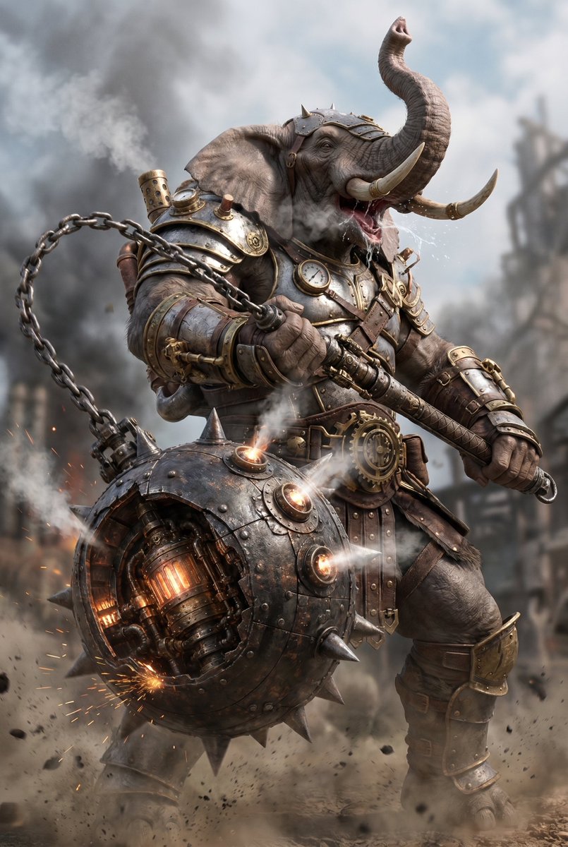 Steampunk Elephant Warrior Qwen Image prompt example: Generates a cinematic fantasy battle illustration of an armored elephant warrior wielding a steam-powered spiked wrecking...