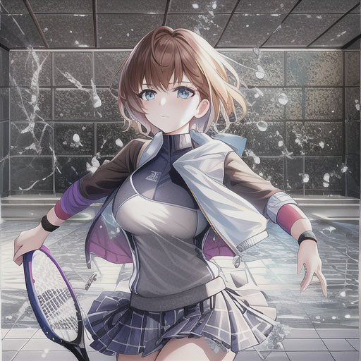 Anime Tennis Girl in Shattered Indoor Court 的 Qwen Image 提示词示例图：Generates a dramatic anime sports illustration of a tennis girl posing in a cracked glass indoor court, suitable...