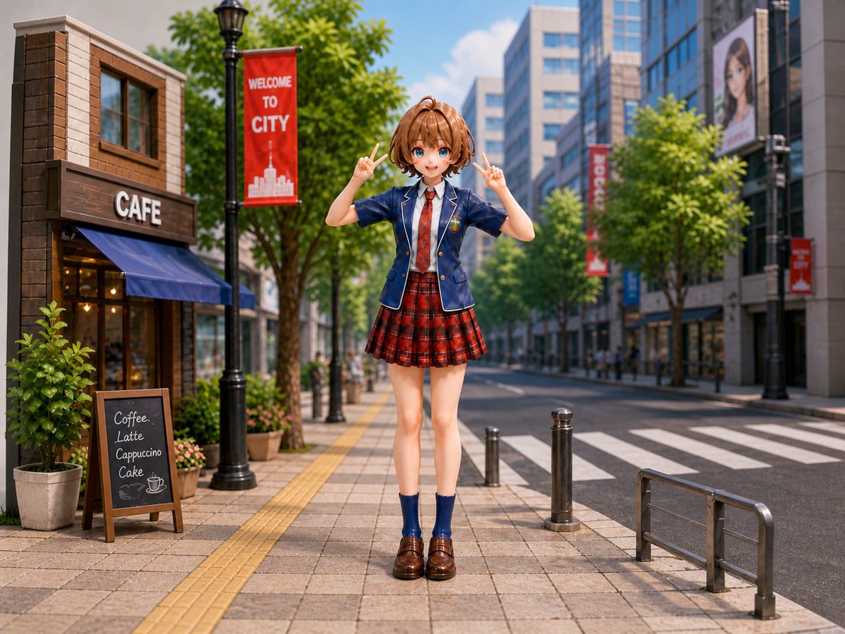Anime Schoolgirl City Diorama Qwen Image prompt example: Generates a photorealistic miniature city-street diorama featuring an anime schoolgirl figure posing in front of a cafe.