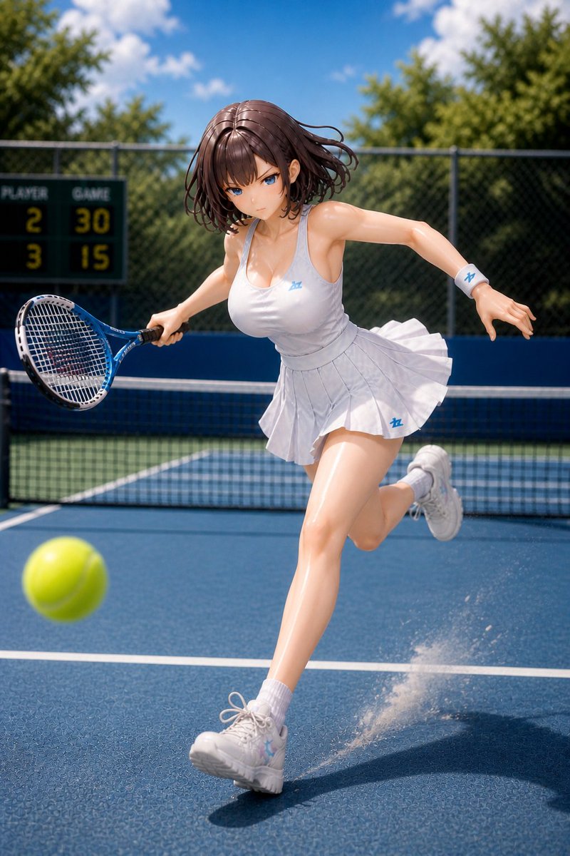 Anime Tennis Diorama Figure Qwen Image prompt example: Generates a realistic toy-photography style outdoor tennis diorama featuring an anime-inspired female player in dynamic...