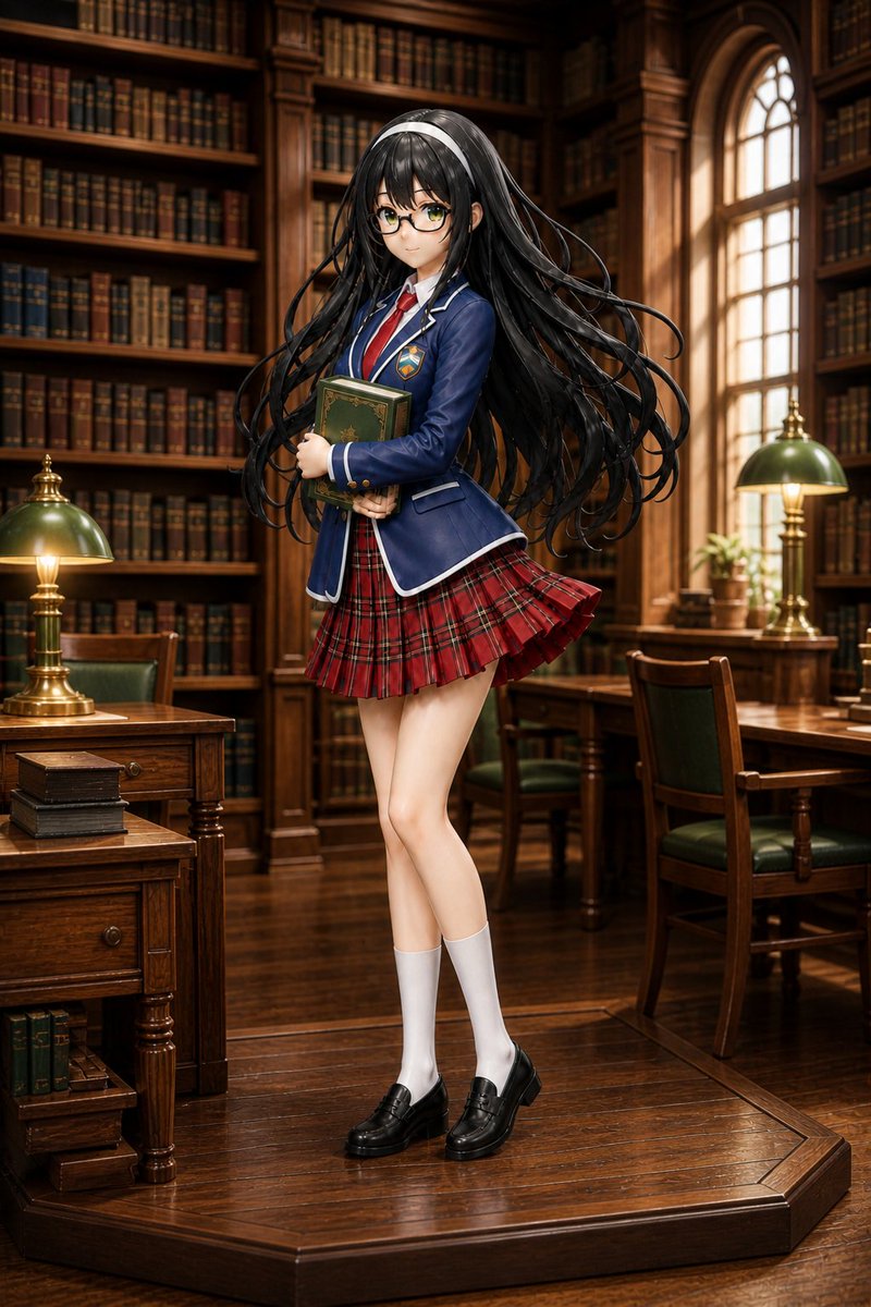 Anime Schoolgirl Library Diorama のQwen Imageプロンプト例: Generates a realistic miniature diorama of an anime-style schoolgirl figurine posed in a warm antique library setting.