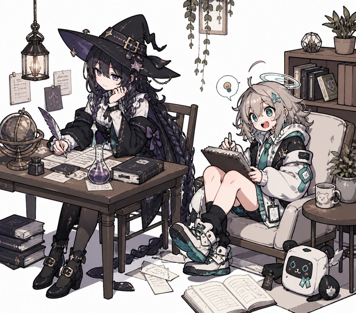 Cozy Witch and Halo Girl Study Scene Qwen Image prompt example: Generates a detailed anime-style magical study room scene with two contrasting cute characters and many cozy...