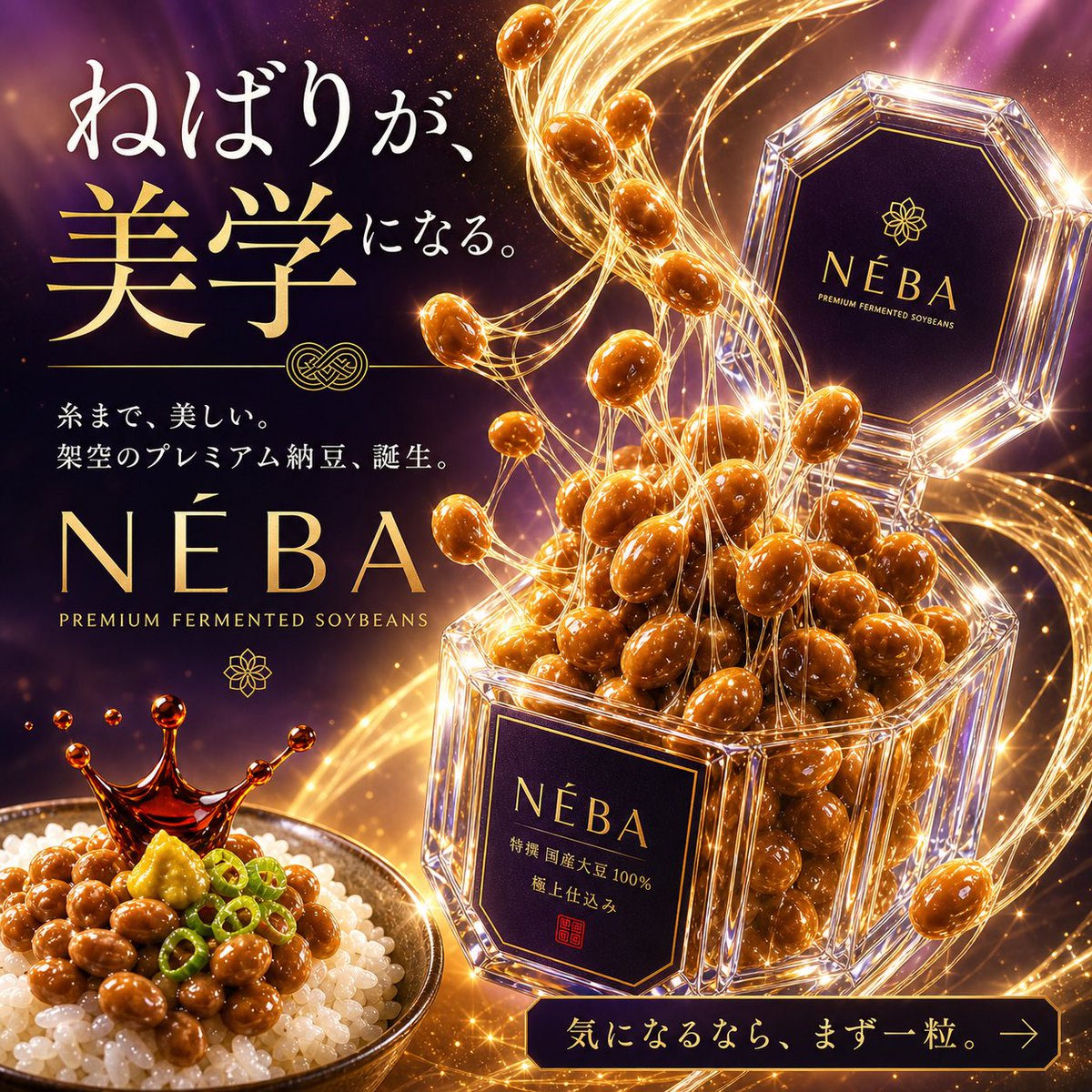 Luxury Natto Product Banner Qwen Image 프롬프트 예시: Generates an extravagant premium natto advertisement styled like a luxury cosmetics campaign for parody or concept branding.