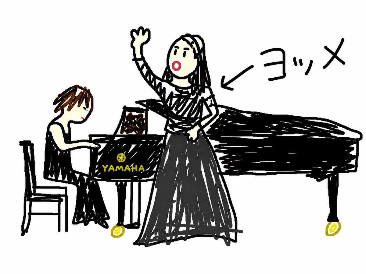 Anonymous Concert Doodle GPT Image 2 prompt example: Generates a humorous childlike doodle of a singer and pianist at a Yamaha grand piano, useful for anonymizing a concert memory.