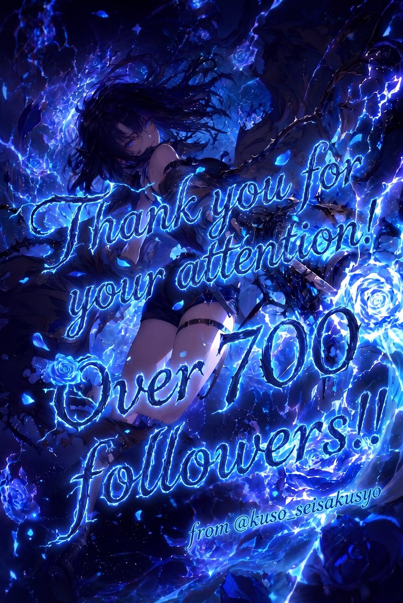 Electric Blue 700 Followers Anime Poster 的 GPT Image 2 提示词示例图：Generates a dark fantasy anime milestone thank-you poster with glowing lightning typography and a gothic character...
