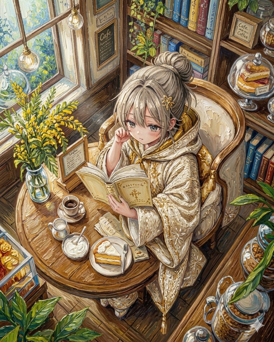 Watercolor Anime Café Colorization Qwen Image 프롬프트 예시: Transforms a grayscale café line drawing into a warm, richly colored hand-painted anime illustration while preserving the...