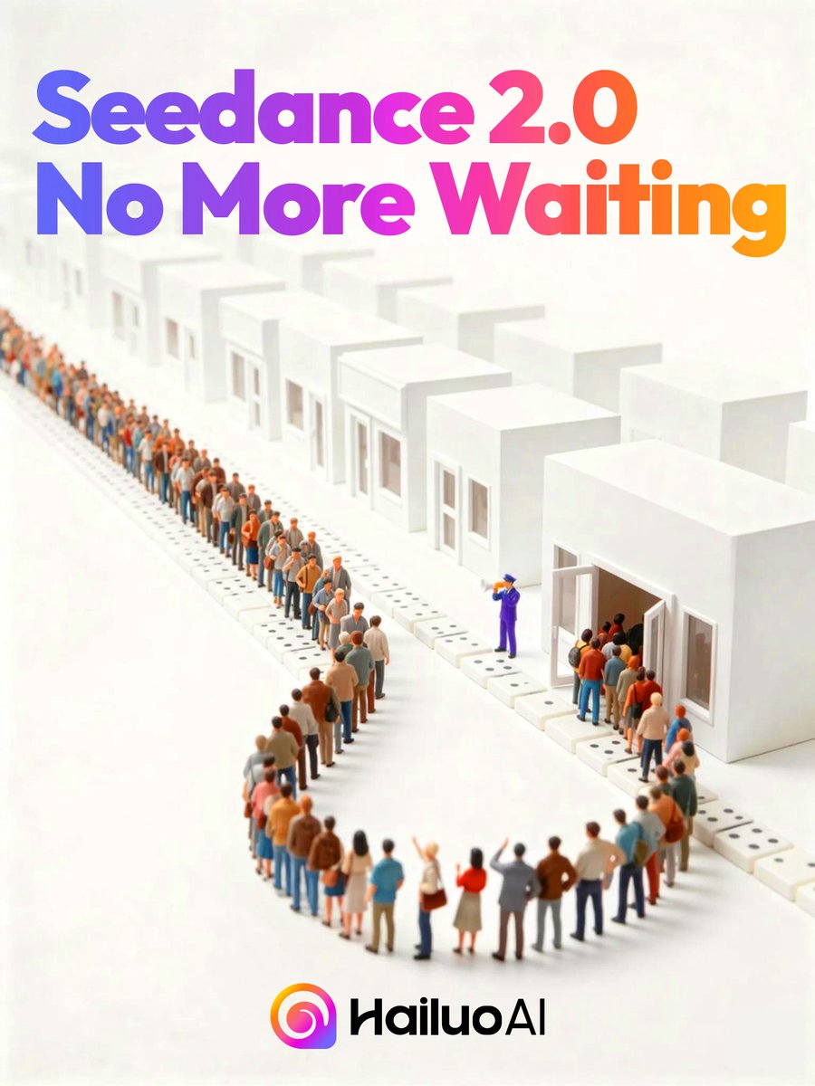 Seedance 2.0 Waiting Line Poster GPT Image 2 prompt example: A vertical tech announcement poster showing a colorful Seedance 2.0 headline above a miniature crowd queue and...