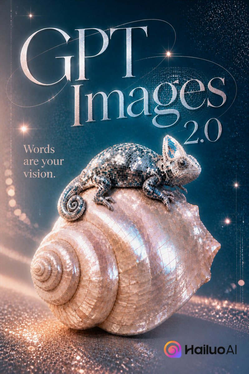 GPT Images 2.0 Chameleon Poster Qwen Image prompt example: A premium vertical promotional poster featuring metallic typography, a mirrored chameleon on an iridescent shell, and...