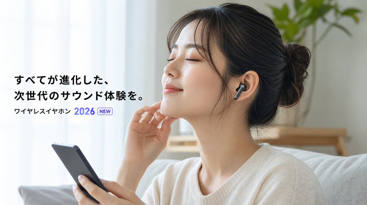 Japanese Wireless Earbuds Lifestyle Ad Qwen Image prompt example: Generates a clean Japanese lifestyle advertisement scene for wireless earphones, suitable for product PV frames...