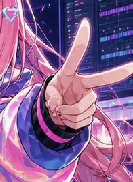 Cyberpunk Pink-Haired Idol Peace Sign Qwen Image prompt example: Generates a tight neon anime hero illustration of a pink-haired virtual idol reaching toward the viewer with an...