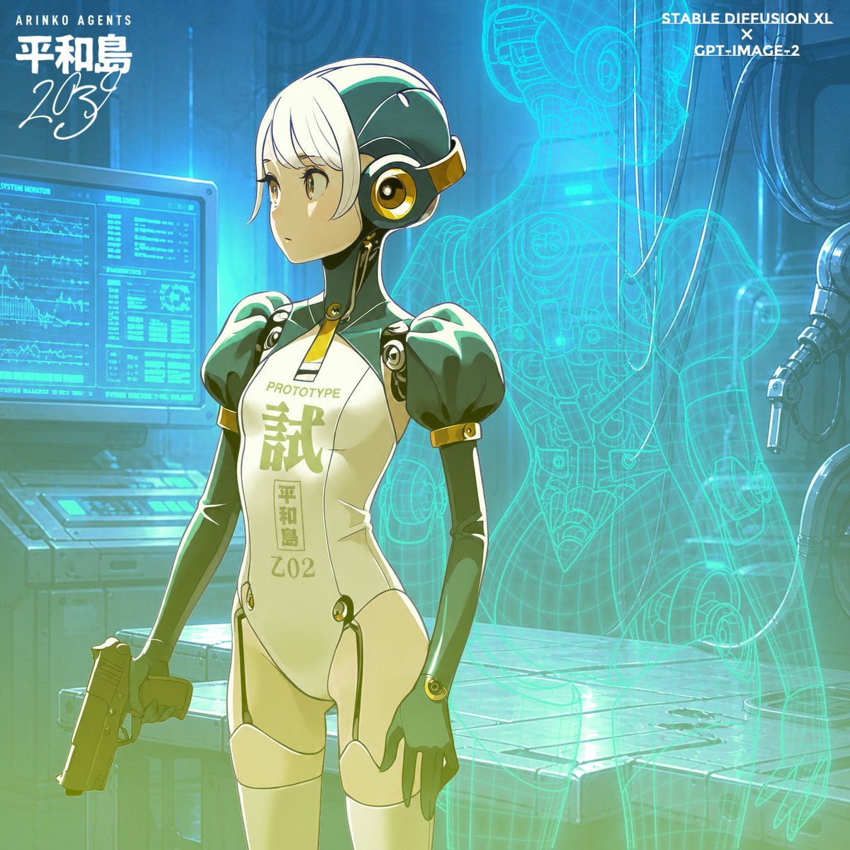 Anime Android Agent Lab Poster GPT Image 2 prompt example: Generates a square sci-fi anime character poster featuring a prototype android agent in a holographic cybernetics lab.