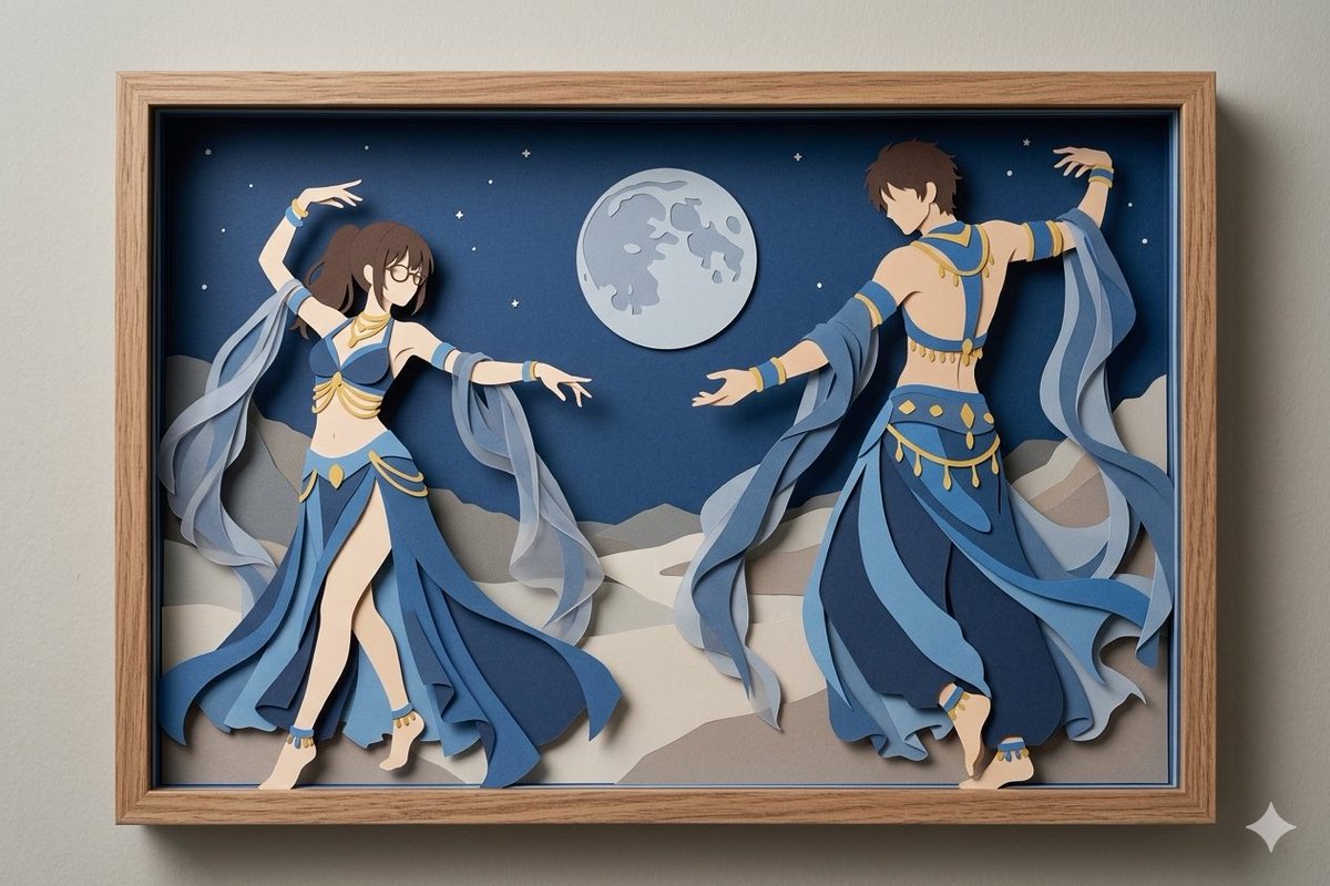 Moonlit Dancer Shadow Box GPT Image 2 prompt example: Generates a layered anime-style paper-cut shadow box diorama of two blue-and-gold dancers in a moonlit desert scene.