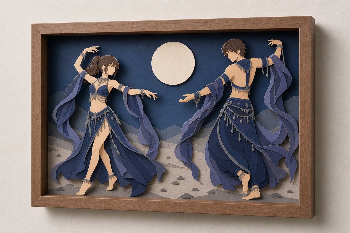 Moonlit Dancer Shadow Box GPT Image 2 prompt example variation 2: Generates a layered anime-style paper-cut shadow box diorama of two blue-and-gold dancers in a moonlit desert...