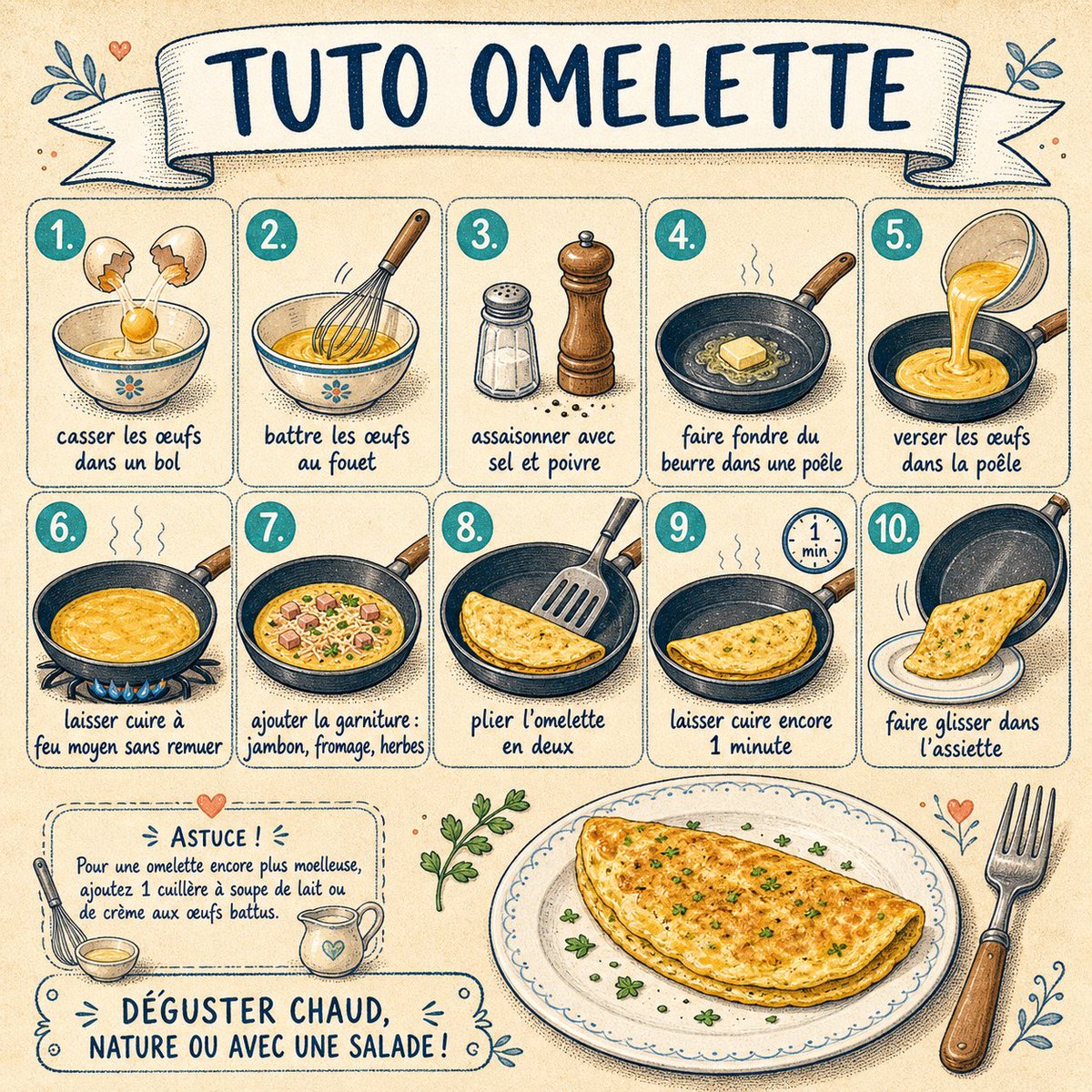French Omelette Tutorial Poster Qwen Image prompt example: Generates a vintage hand-drawn French recipe poster with ten illustrated steps for making an omelette, useful for...