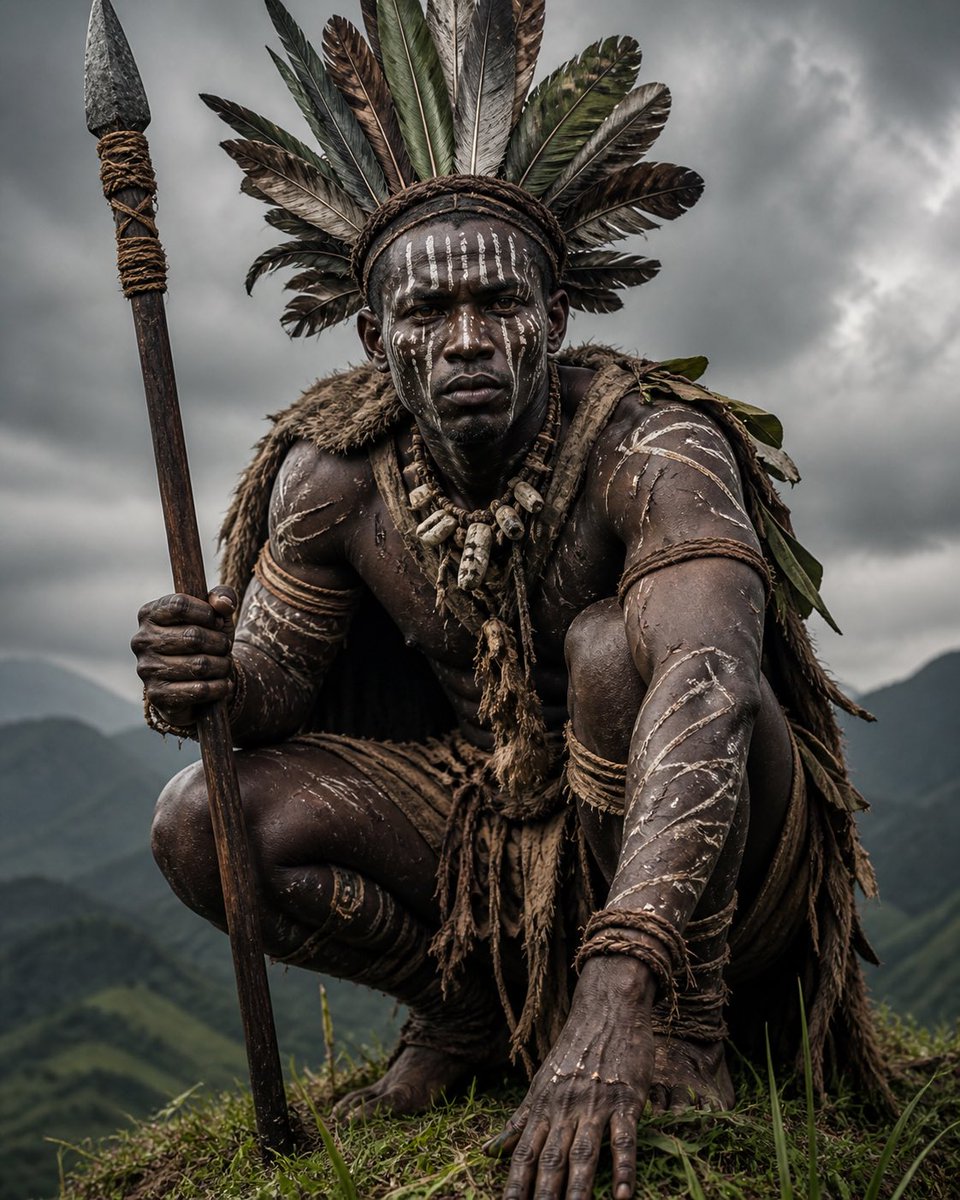 Crouching Tribal Warrior Portrait のQwen Imageプロンプト例: A cinematic realistic prompt for generating a dramatic feathered tribal warrior crouching on a mountain ridge with stormy...